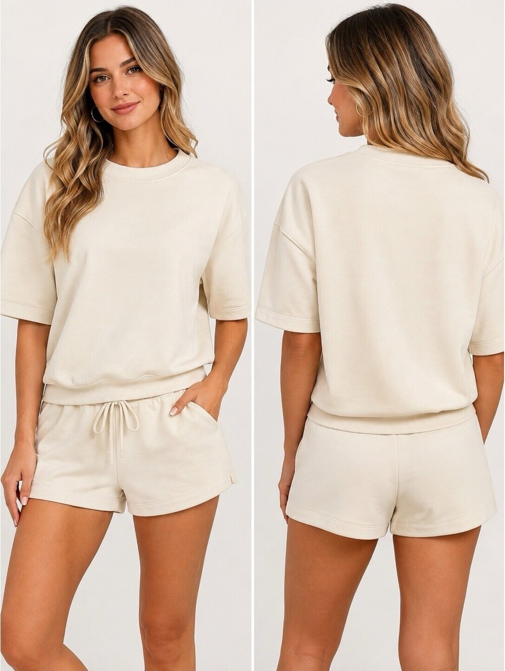 Zenana Women’s Scuba Short Set Size Small Cream Ivory Oversized Lounge 2 Piece